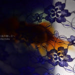 ［６］紫の花がらとオレンジ色の和金のシルエット