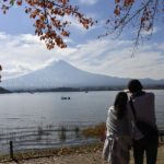 ［６］真っ赤に色づく紅葉の下で、日本一の富士山を眺める